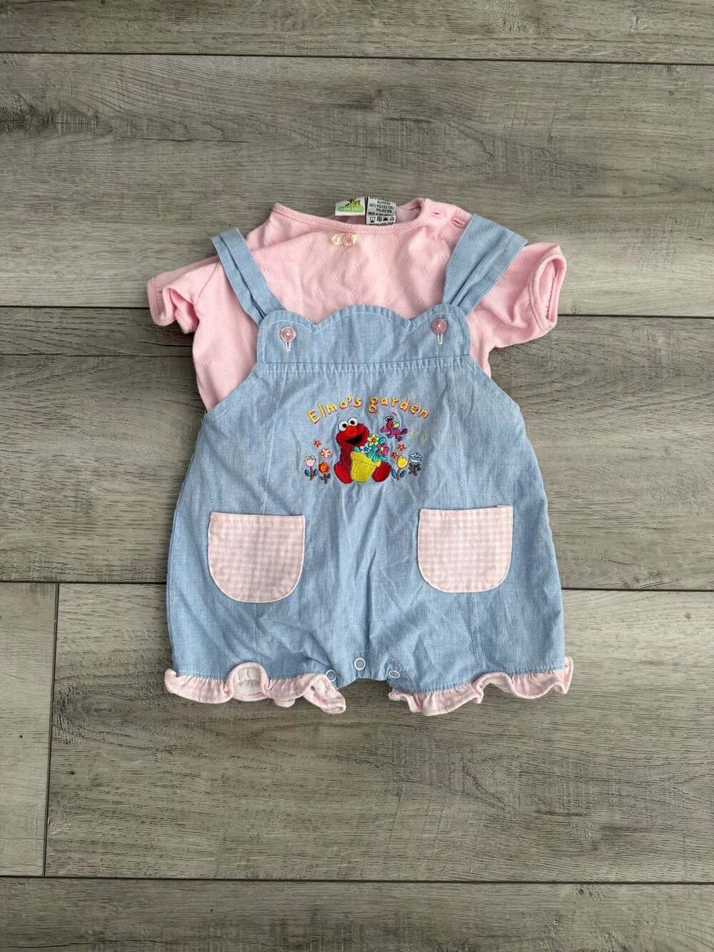Vintage 90s Sesame Street Elmo's Garden Overalls Size 3/6M Blue Pink Romper Set